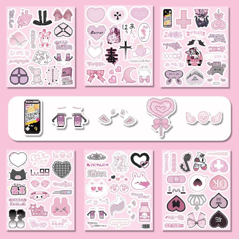 100 Sheets/set Black Pink Retro Japanese Stickers Cute Cartoon Aesthetic DIY Decals for Phone Laptop  Vintage Scrapbook Supplies