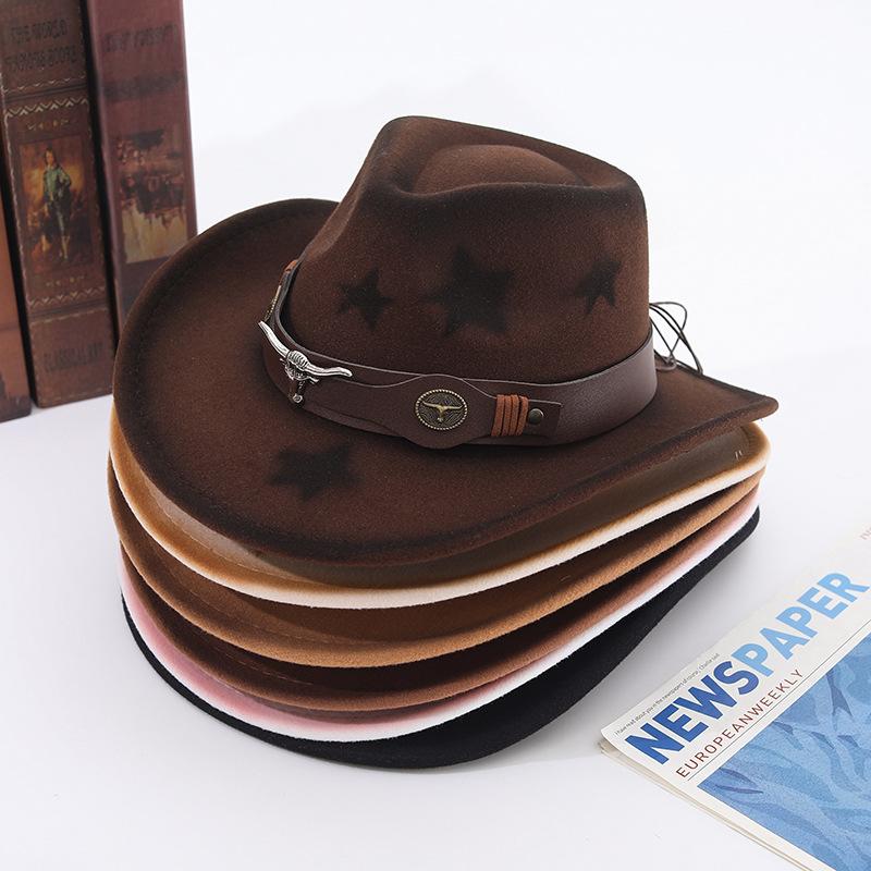 Western Cowboy Hat Wool Jazz Top Hat Ethnic Style Versatile Bullhead Hat Strap