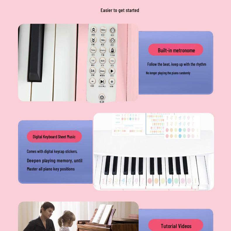 30-Key Children s Wooden Electronic Keyboard with Weighted Keys - Beginner Toy Piano for Girls розовый