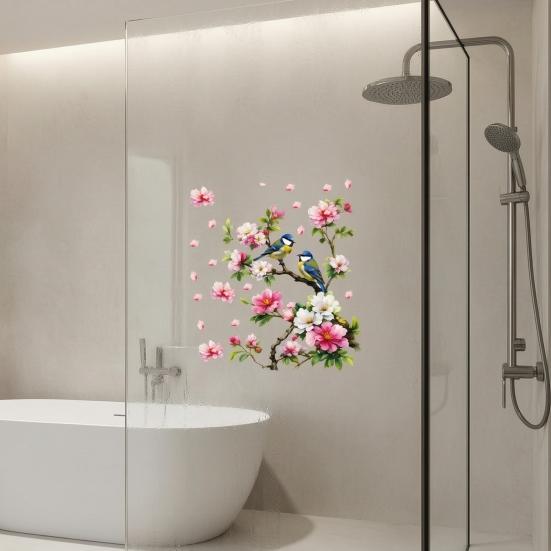 Vögel Blumen Ast Statische Fensteraufkleber, Aquarellvögel auf blühendem Ast Ast Fensteraufkleber, Wiederverwendbare Antikollisions-Doppelseitige Aufkleber für Glas
