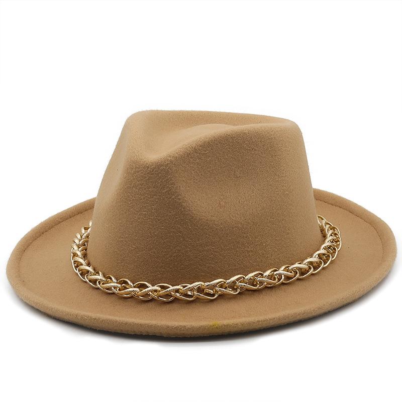 Autumn and winter simple wool upturned edge hat metal chain top hat women's European and American retro celebrity jazz hat