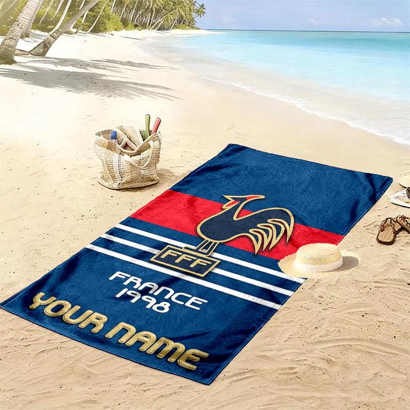 Custom Name Rooster France Print Beach Towel, Large Soft Quick Dry Towel for Beach Camping Swimming