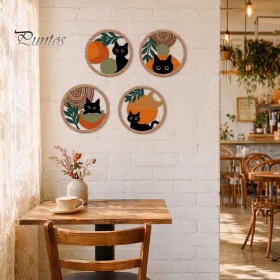 Cat Theme Wall Sign 4Pcs Black Decor Set, Boho Cartoon Hanging Art, Art Set Farmhouse Rustic Wooden Plants for Bedroom Living Room Office