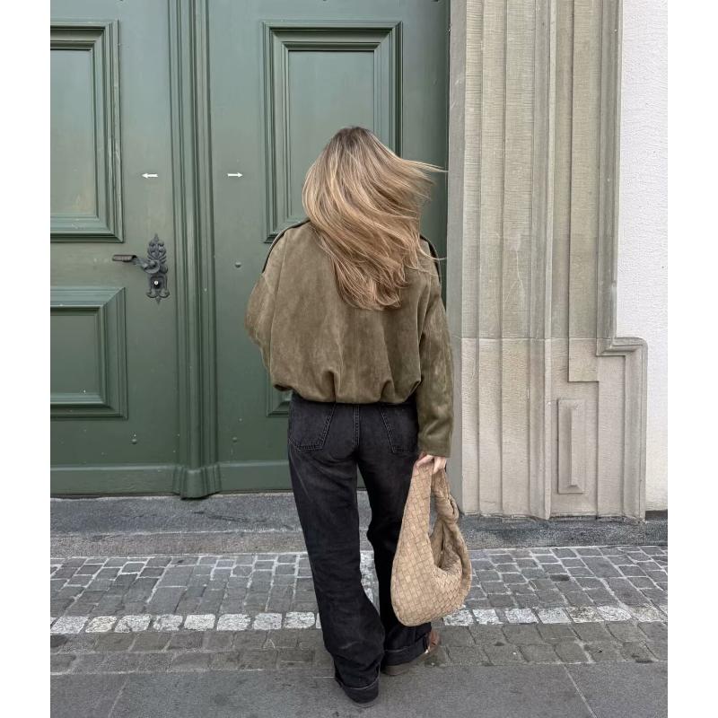Women's Faux Suede Bomber Jacket, Batwing Sleeve Zip Up Coat, Loose Fit Lapel Casual Cropped Outerwear, Trendy Soft Textured Ladies Daily Wear Top