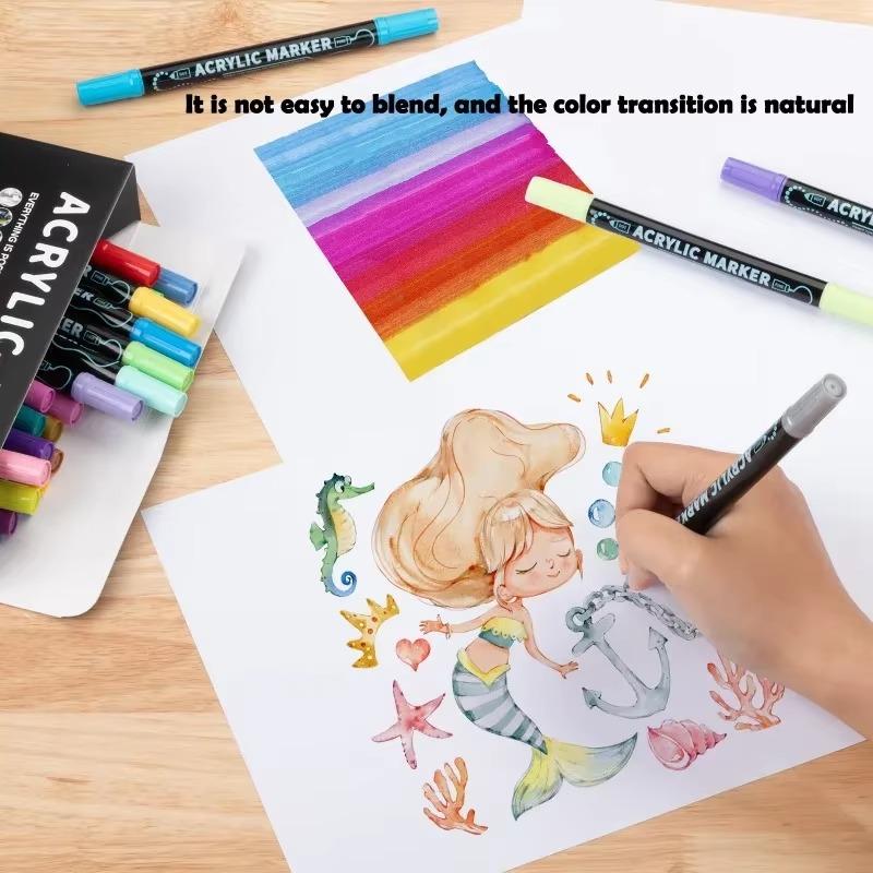 12 Colors Acrylic Markers Set Boxed Double-ended Marking Pens Waterproof Art Painting Supplies Diy Draw Graffiti Pen Stationery