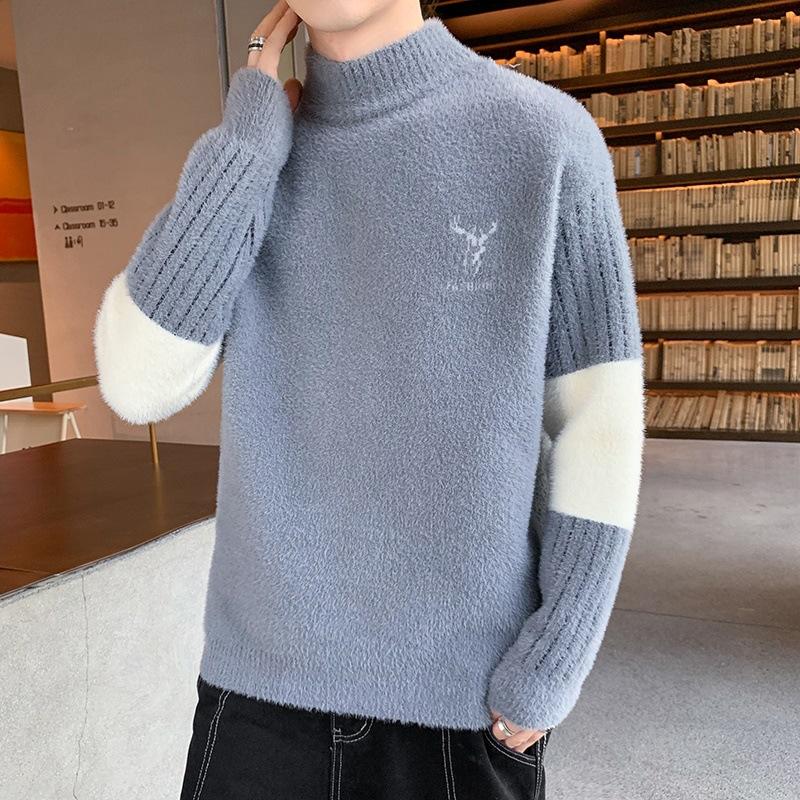 

Мужской свитер с полуворотом на осень и зиму, бархатный хорек, голова оленя, модная мужская одежда, теплая тонкая трикотажная рубашка, подходящая по цвету L серый