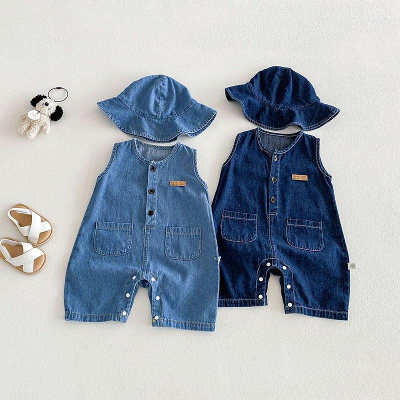 Baby Summer Rompers 3-24M Loose Boys Clothes Thin Toddler One Piece Solid Color Girls Denim Overalls + Hat