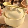 Cuenco de Cerámica Estilo Crema para Fideos Instantáneos y Sopa con Tapa y Asa