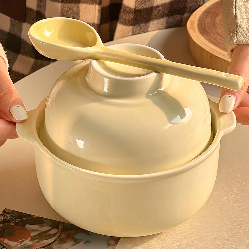 Cuenco de Cerámica Estilo Crema para Fideos Instantáneos y Sopa con Tapa y Asa