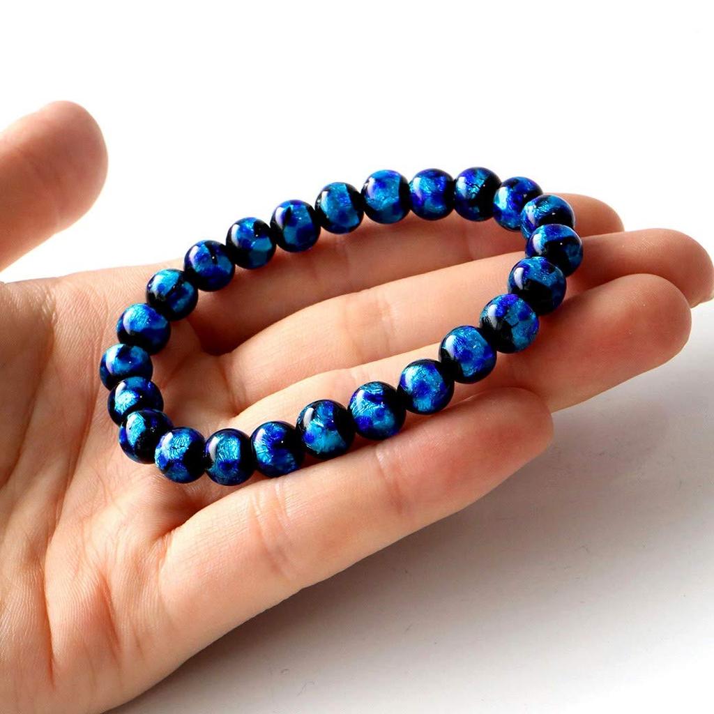 [GOLD STONE] Glowing Firefly Glass Blue 8mm Bracelet with Dragonfly Stone, Blue, Okinawa, Type A, Inner Diameter: Approx. 16.5cm