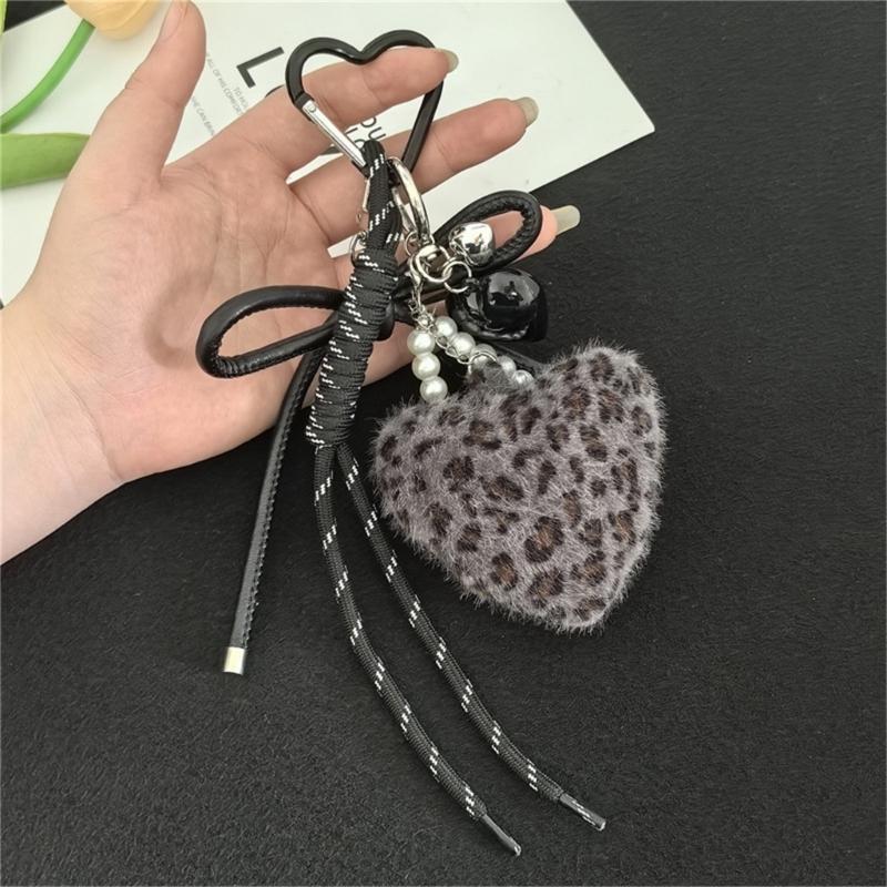 Stylish Leopard Print Plush Keychain Adorned With Artificial Leather Heart Bag Charm for Women Fashion Accessories