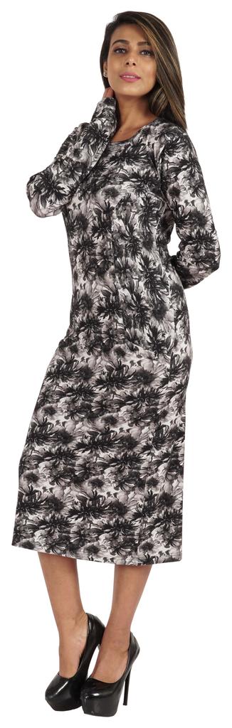 Bimba Printed Long Bodycon Dress With Pockets For Women Full Sleeves Dress Midi