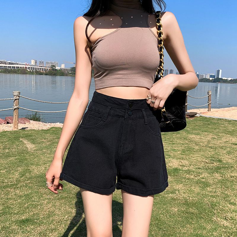 Women's Denim Shorts with Rolled Edges and Double Buttons Summer High Waist Straight Leg Wide Leg A-line Shorts