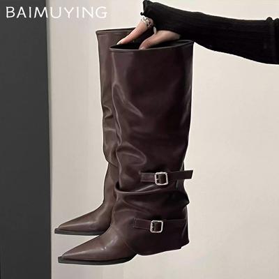 Pointed Toe Women High Boots Chunky High Heels Leather Shoes Woman 2025 Trend Winter Pumps Goth Buckle Chelsea Botas De Mujer