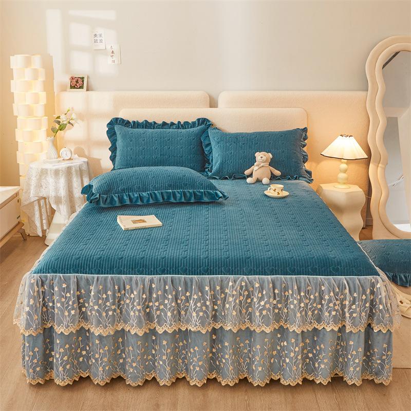 Jupe de lit en Fiber de lait d'hiver, couvre-lit matelassé en dentelle, épais et chaud, couverture de matelas en polaire pour bébé, literie en molleton de corail