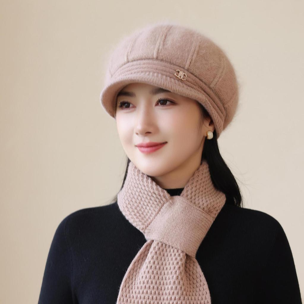 Knitted Woolen Hat New Rabbit Fur Hat for Women Mother  Middle Aged and Elderly Plus Velvet Warm Hat Grandma's Cold Proof Scarf