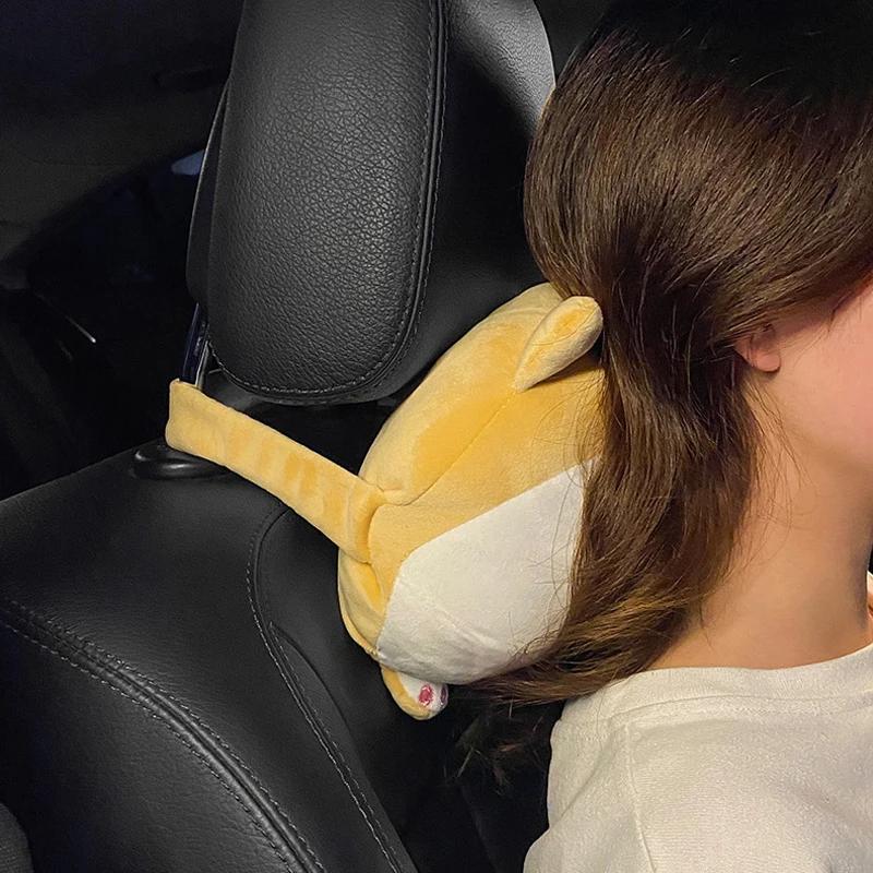 Plush Corgi Dog Butt Car Neck Pillow with Lumbar Support Cute Cartoon Dog Car Accessory Creative Travel Pillow Set
