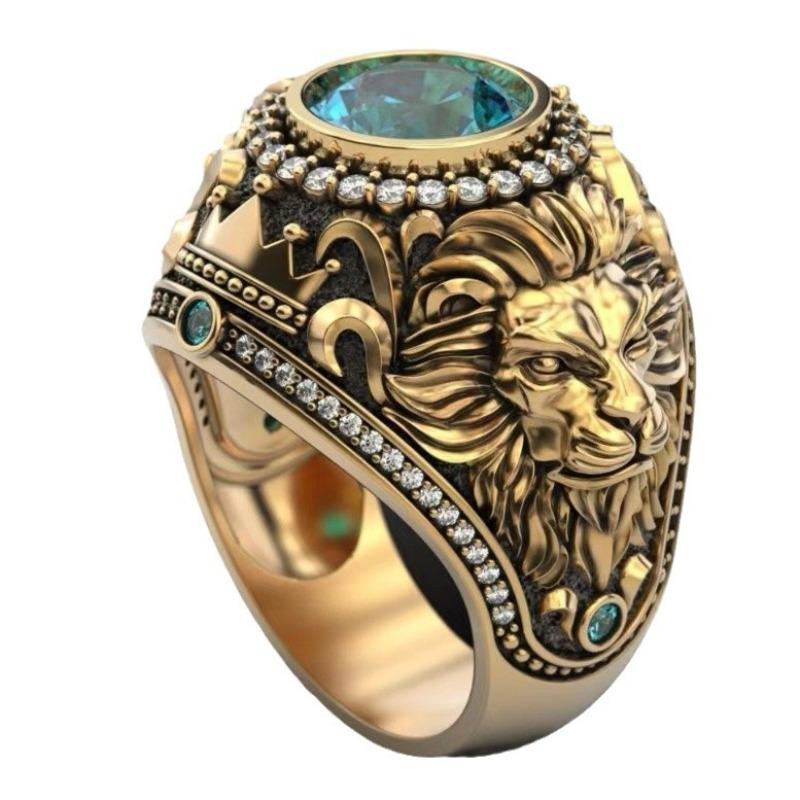 Tem's New Men's Ring, Gold Retro European and American Men's Ring, Lake Blue Diamond Crown Lion Ring.