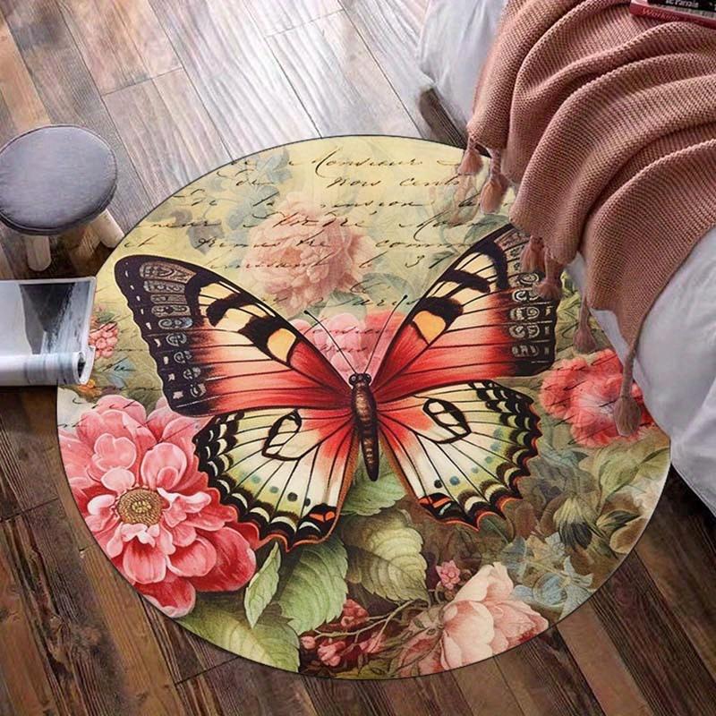 1pc Polyester Round Butterfly Flower Pattern Round Rug - Suitable for Bedroom, Living Room, Home Decoration, Crystal Velvet