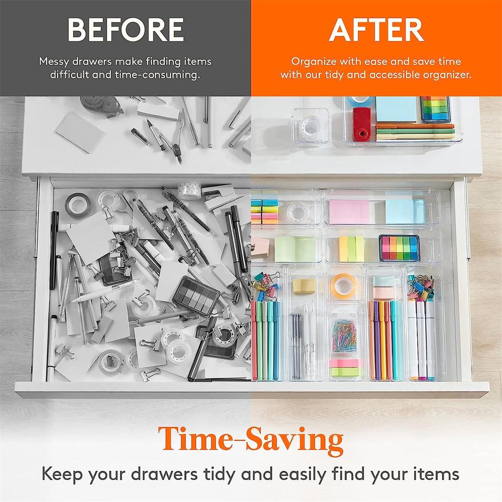 Set Organizzatore per Cassetti Versatile da 10 Pezzi - Vassoi e Divisori in Plastica Trasparente in 4 Misure per Organizzare Perfettamente Trucco e Cucina