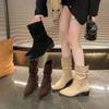 Women's Chunky Heel Pointed Toe Vintage Brown Western Cowboy Ankle Boots, Autumn/Winter 2025, V-Mouth Plus Velvet.