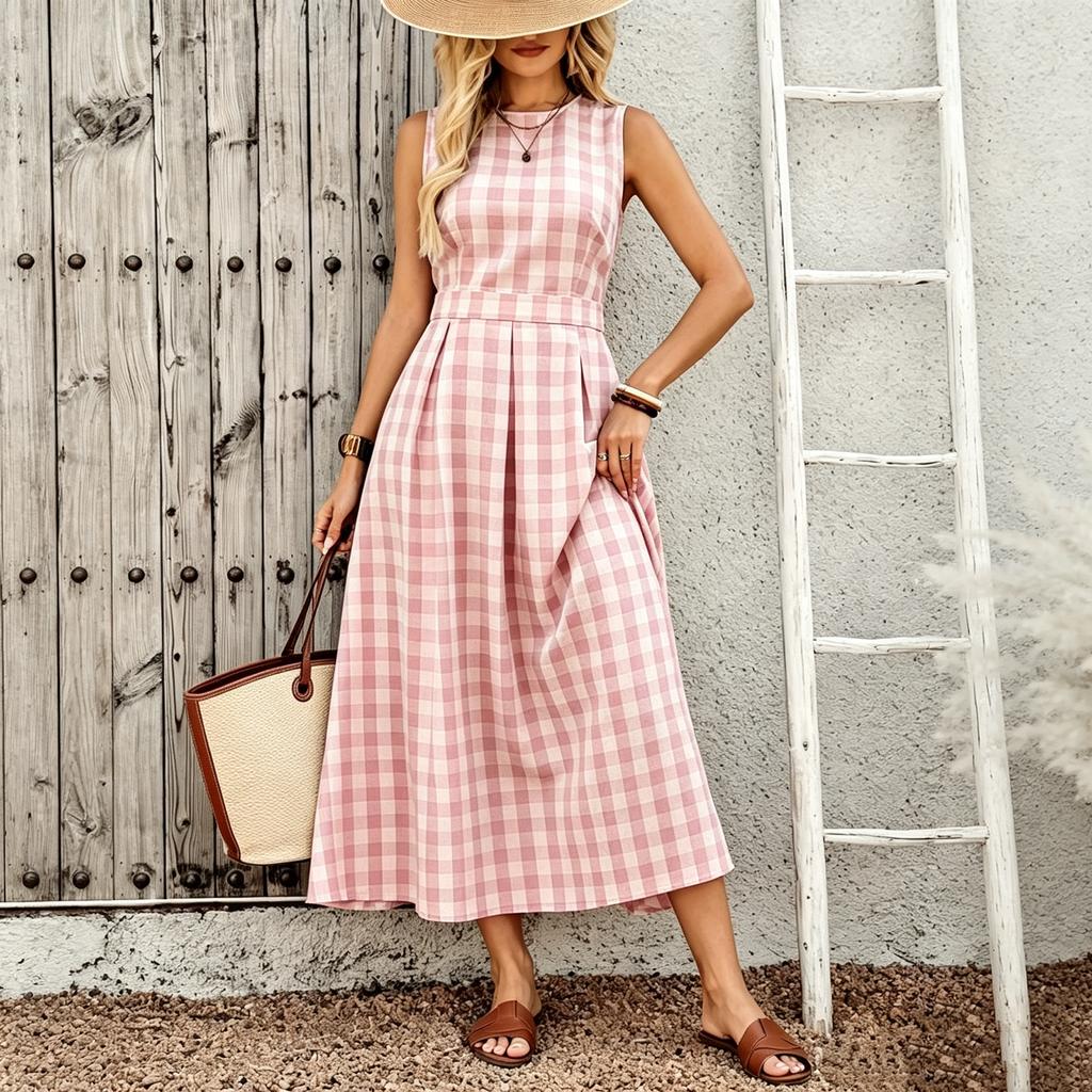 Women's Sleeveless Plaid Dress Round Neck Waist Cinched Midi Length Casual Summer Dress with Pockets and A-Line Silhouette