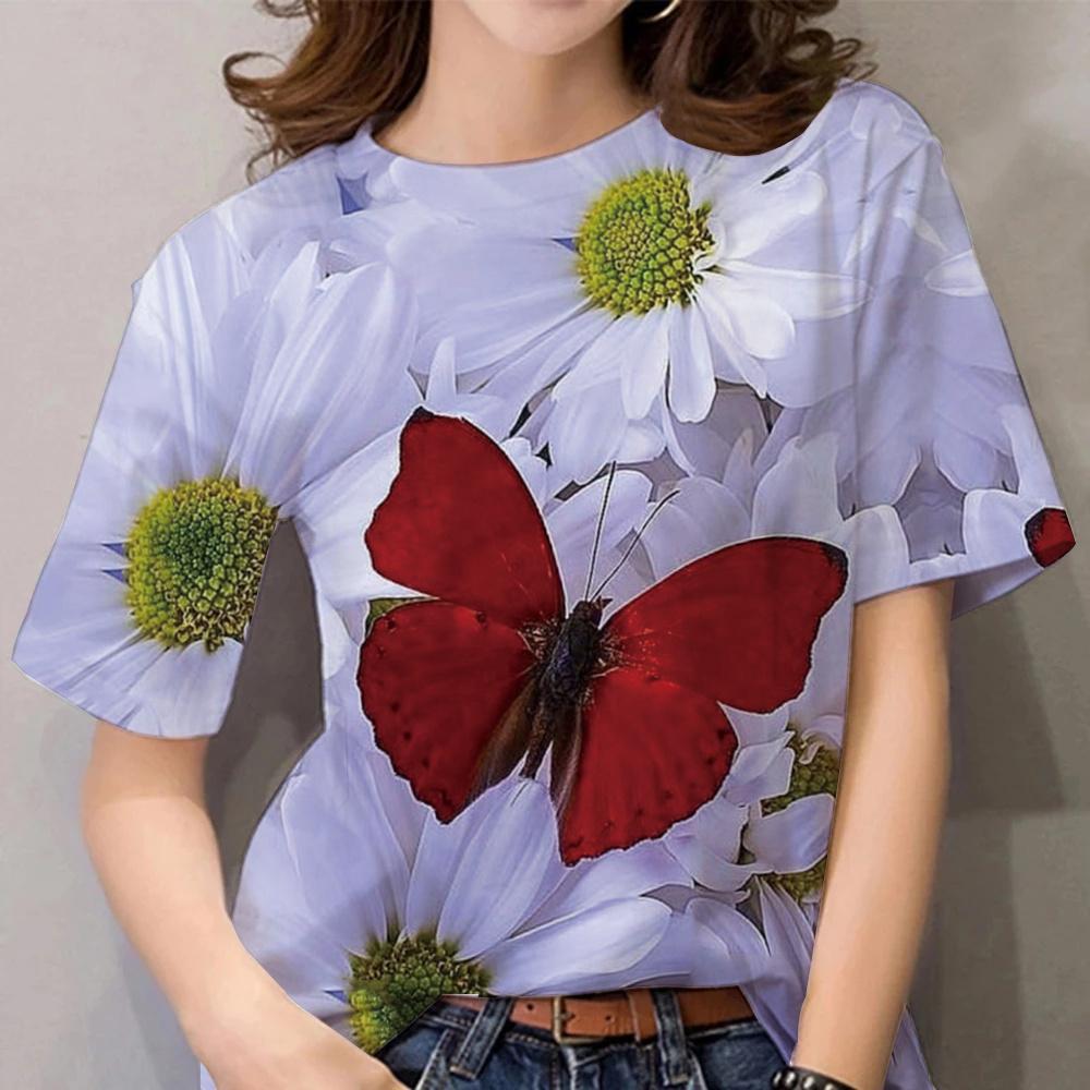 Women's Short Sleeved Butterfly Printed T-shirt Casual Top Plus Size