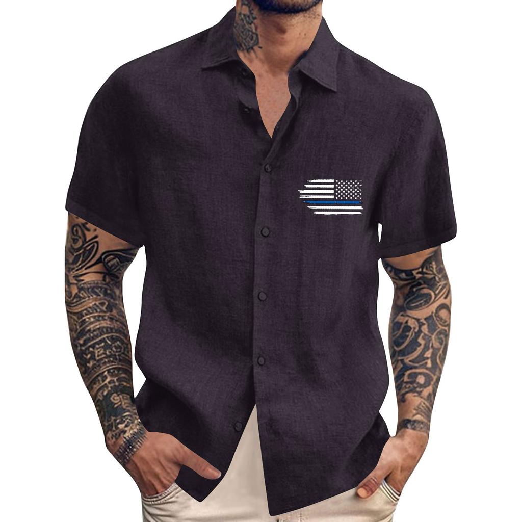 Men'S Casual Loose Short Sleeved Printed Shirt With Fashionable Lapel Top