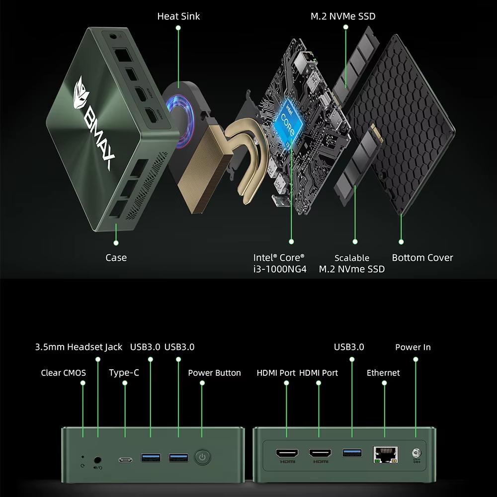 BMAX B6 Plus Mini PC Intel Core i3-1000NG4 Up To 3.2GHz, 12GB LPDDR4 512GB SSD Wi-Fi 5 BT 4.2 3.5mm Audio Windows 11 Pro