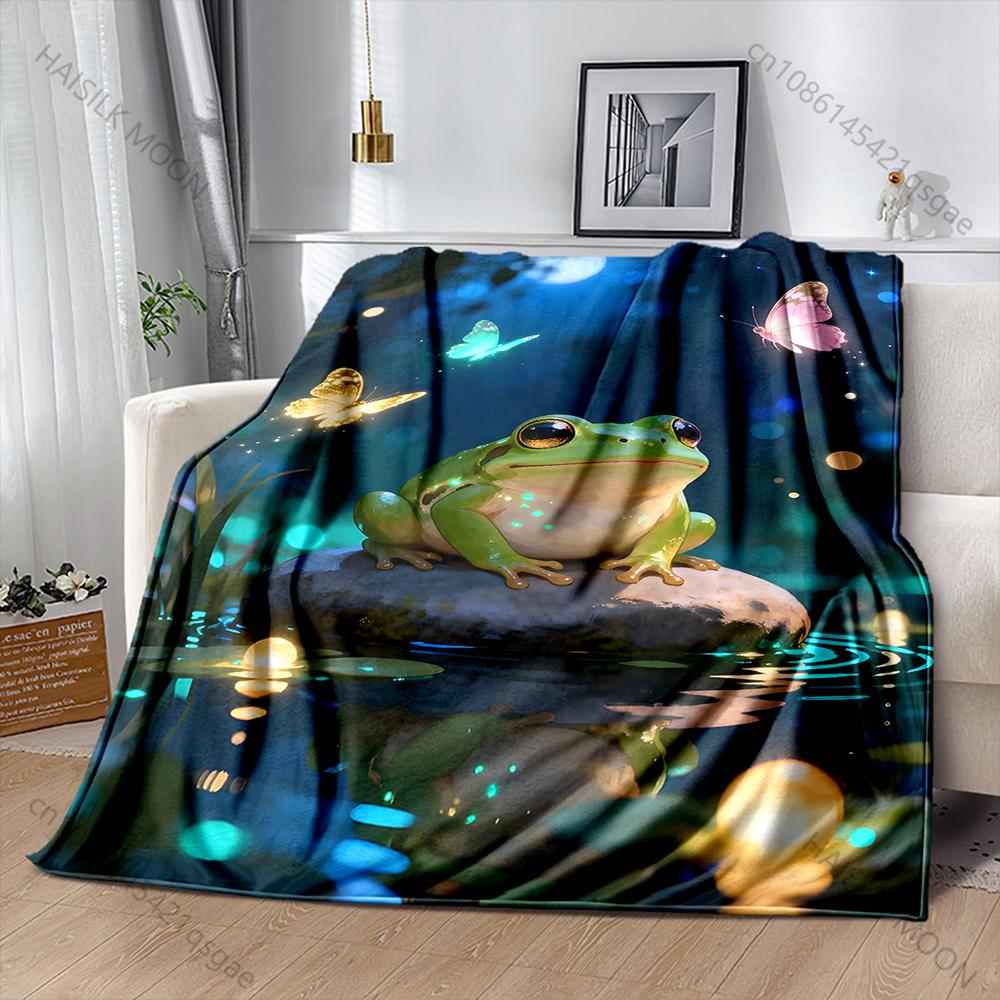 Frog and fireflies night scene Print Adult Children Warm Blankets Home Travel Car Soft and Comfortable Suitable for all seasons