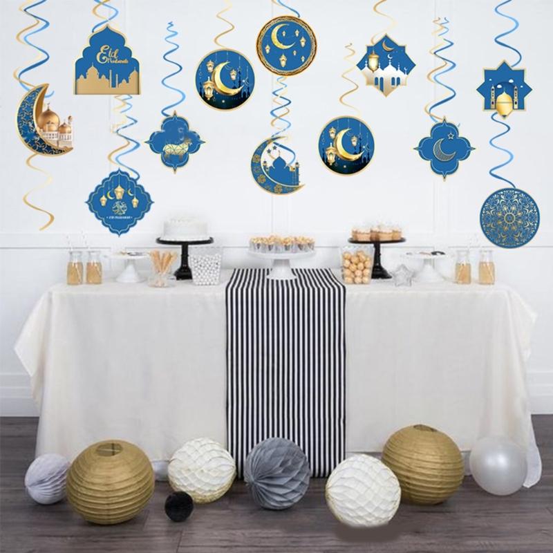 12pcs Eid Celebration Moon Castle Spirals Decoration Hanging Ornament for Family Gatherings and School Festivities