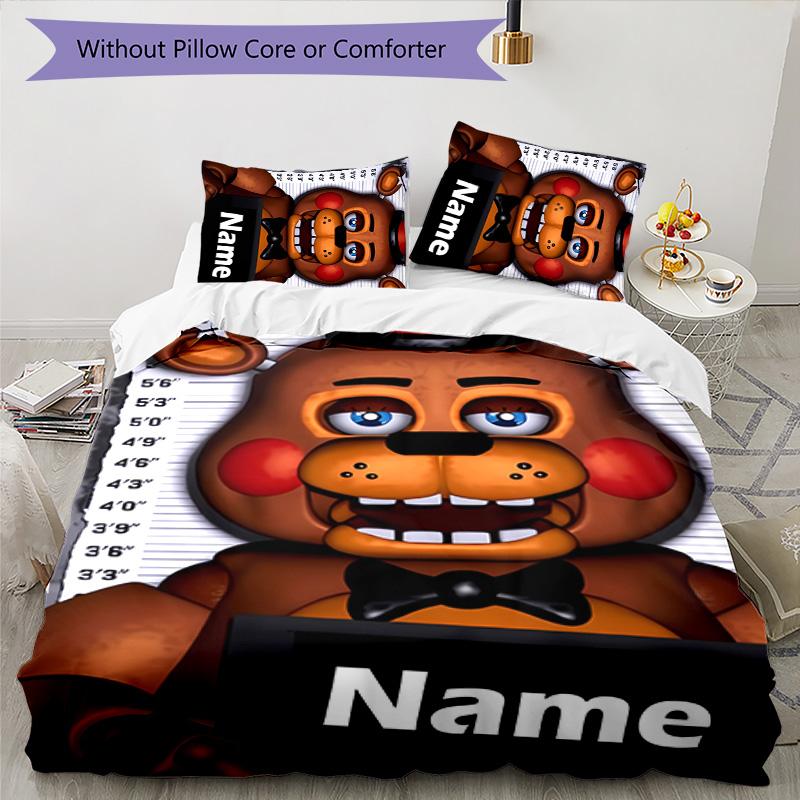 3pcs Freddy Bear2 Cover Set - Personalized Name, HD Printed Bedding with 1 Cover and 2 Pillowcases - Perfect for Home Decor, Easy Care