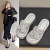 Rhinestone cool slippers women wear in summer 2025 new fairy wind thick bottom with skirt seaside beach one-word drag