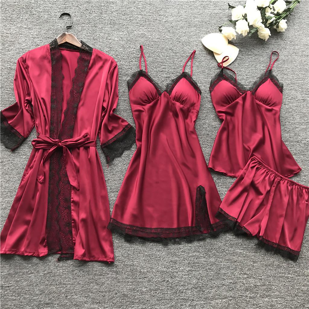 4 Pieces/Set Women s Sexy Lace Pajamas Fashion V-Neck Gown Comfort Pajamas Pajamas Pajamas with Chest Pads Nightdress S красный