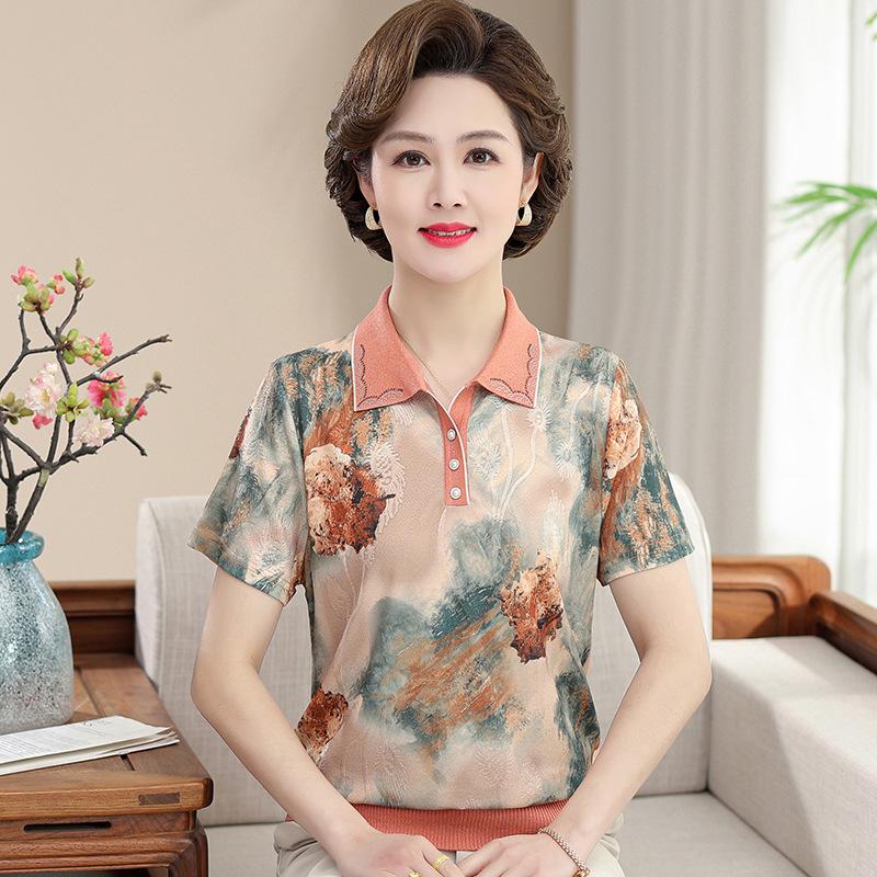 

Summer Women s Silk Lapel Top - Short Sleeve, Plus Size, Mulberry Silk Print for Middle-Aged & Elderly Moms L (Recommended 40-50kg) оранжевый