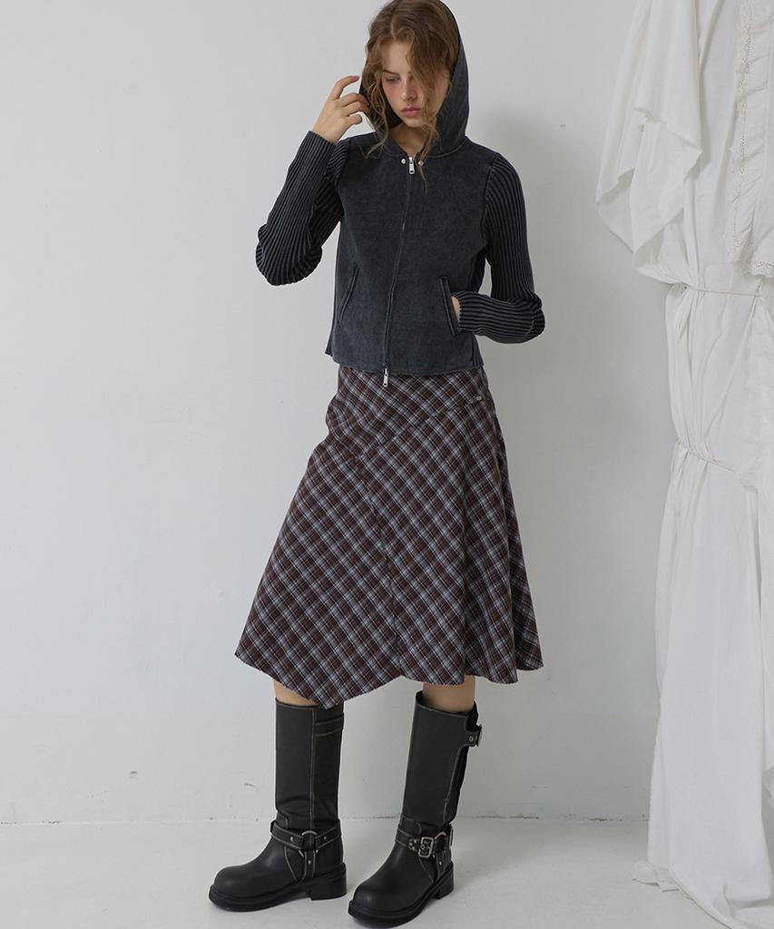 Lense Raw Edge Check Midi Skirt Brown