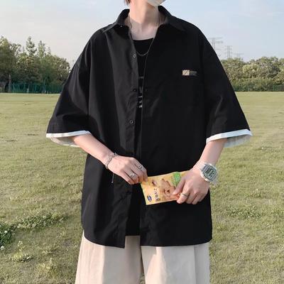 Men's Casual Short-sleeved Shirt Men's Hong Kong Style Japanese Loose Three-quarter Sleeve Top Clothes Korean Man Trend Top