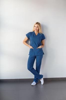 Zweiteiliges Set, medizinische OP-Anzüge, Unisex-Set für Ärzte, Pflegeuniform, Oberteile + Hosen, V-Ausschnitt, kurze Ärmel, dünner Tericoton-Stoff