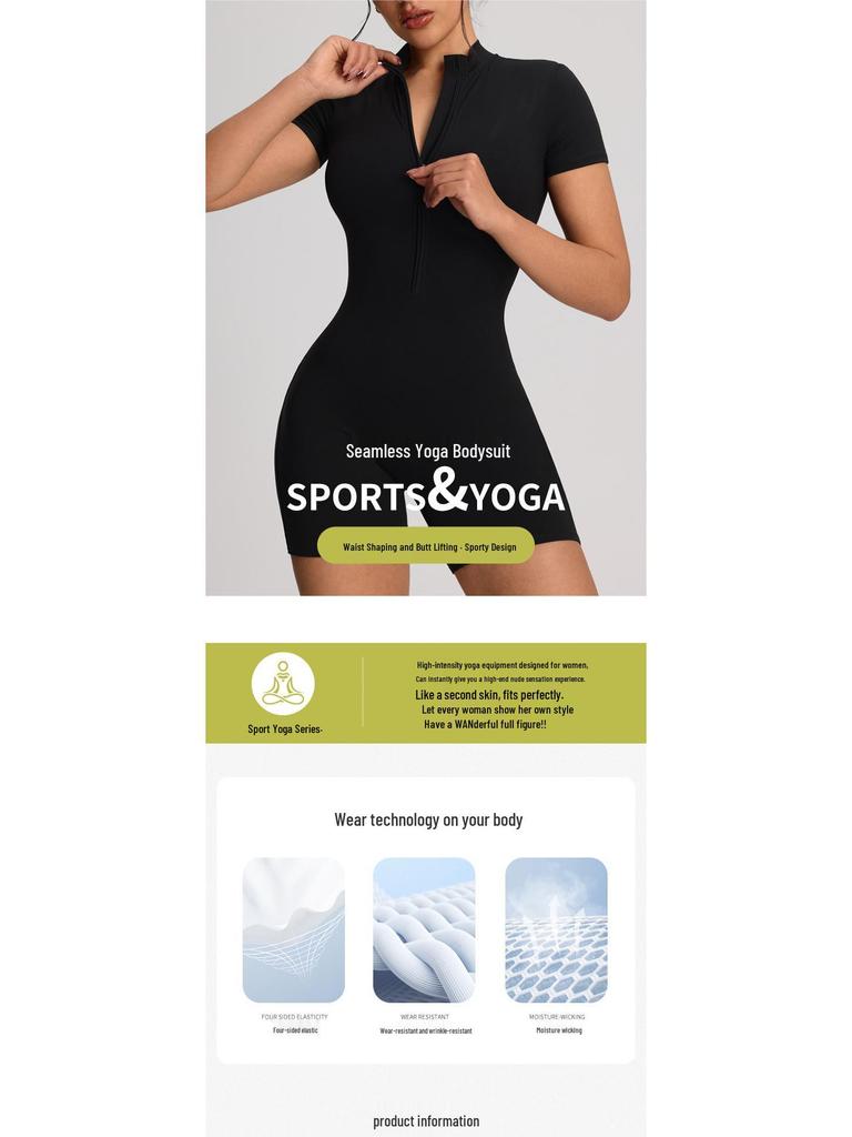 European Style Zipper Short-Sleeve Yoga Jumpsuit - Women's Tight-Fitting Running & Fitness One-Piece