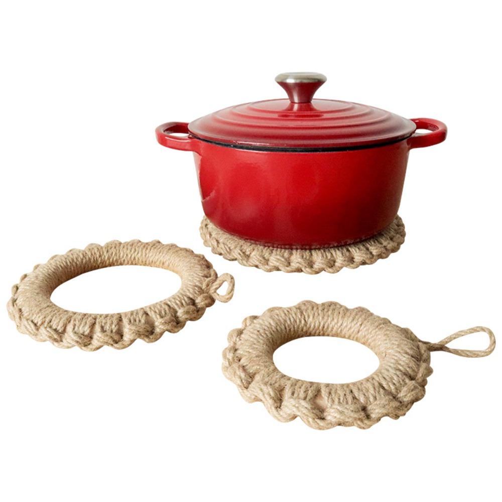 2Pcs Rustic Jute Woven Trivets Boho Hot Pads Thick Heat Resistant Round Rope Pot Holder for Cast Iron Skillet Table Decor