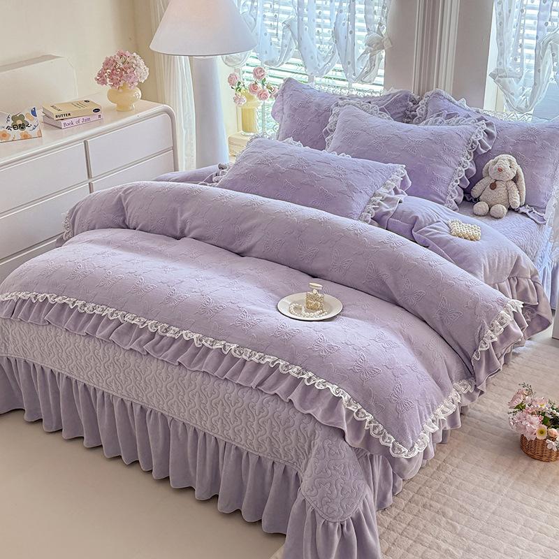 French Bed Cover Lace Thickened Milk Fleece Four-Piece Double-Sided Baby Fleece 1.8