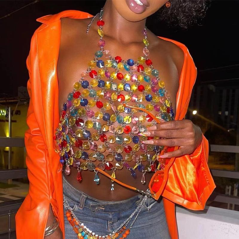 Women Handmade Sexy Tassel Gem Crop Top Rainbow Bright Crystal Fantasy Body Chain Harness Halter Top