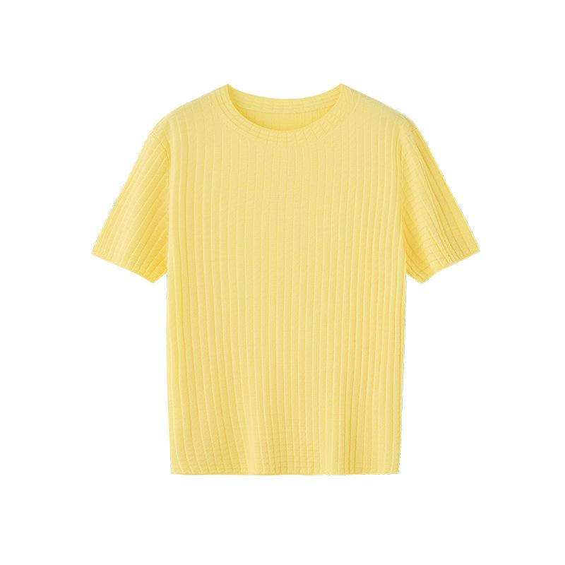 Tencel Acetate Waffle Knitted Short Sleeve Women's Crew Neck Loose Pullover Simple Top