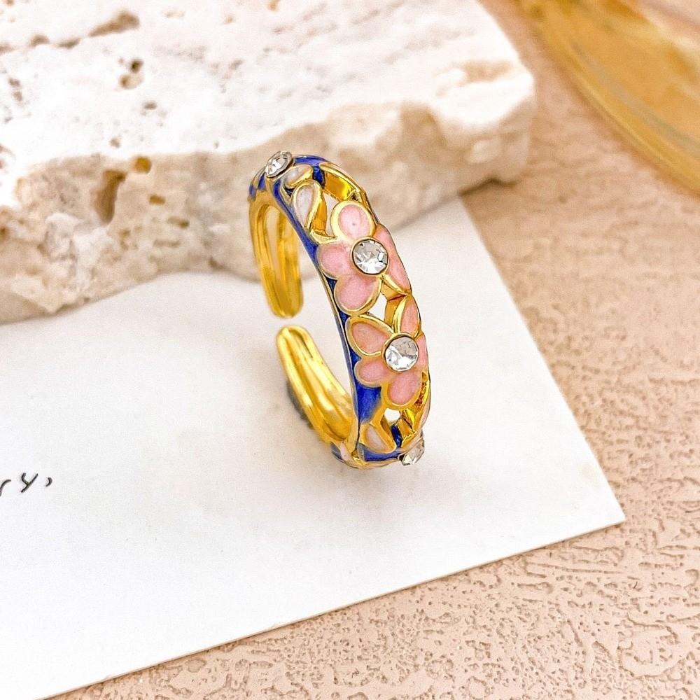 Hollow Out Vintage Geometric Rings Classic Gold Plated Ring Colorful Enamel Flower Rings  Romantic