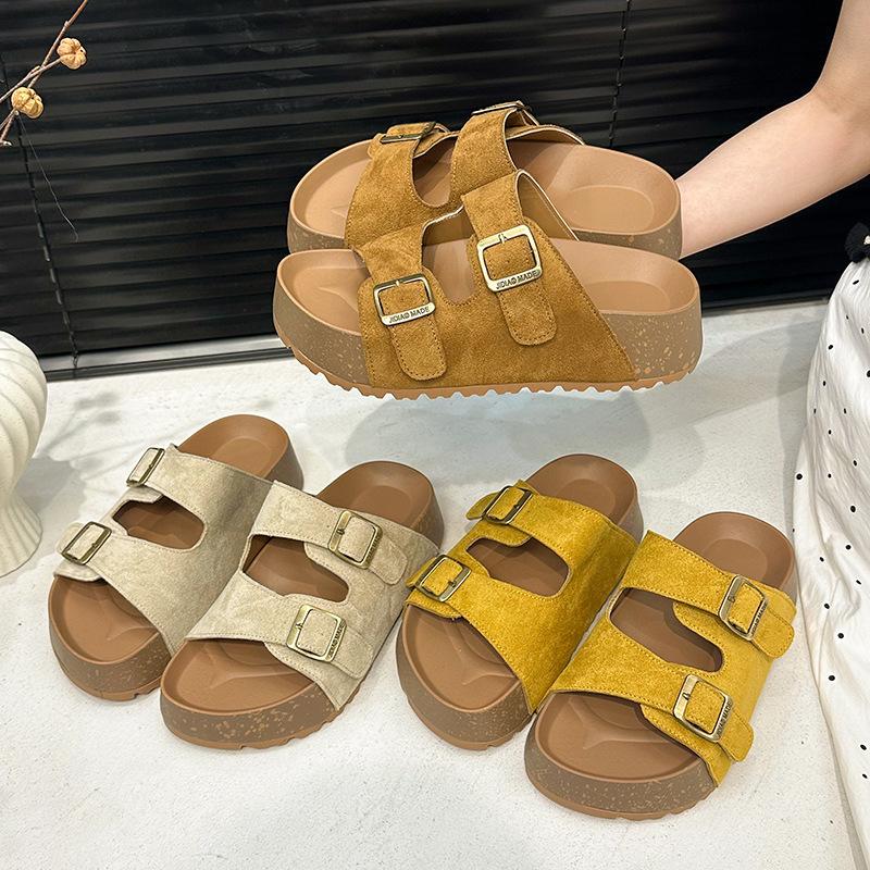 Seaside beach sandals with buckle round skirt cool slippers women's retro one-word thick-soled slippers 2025 summer
