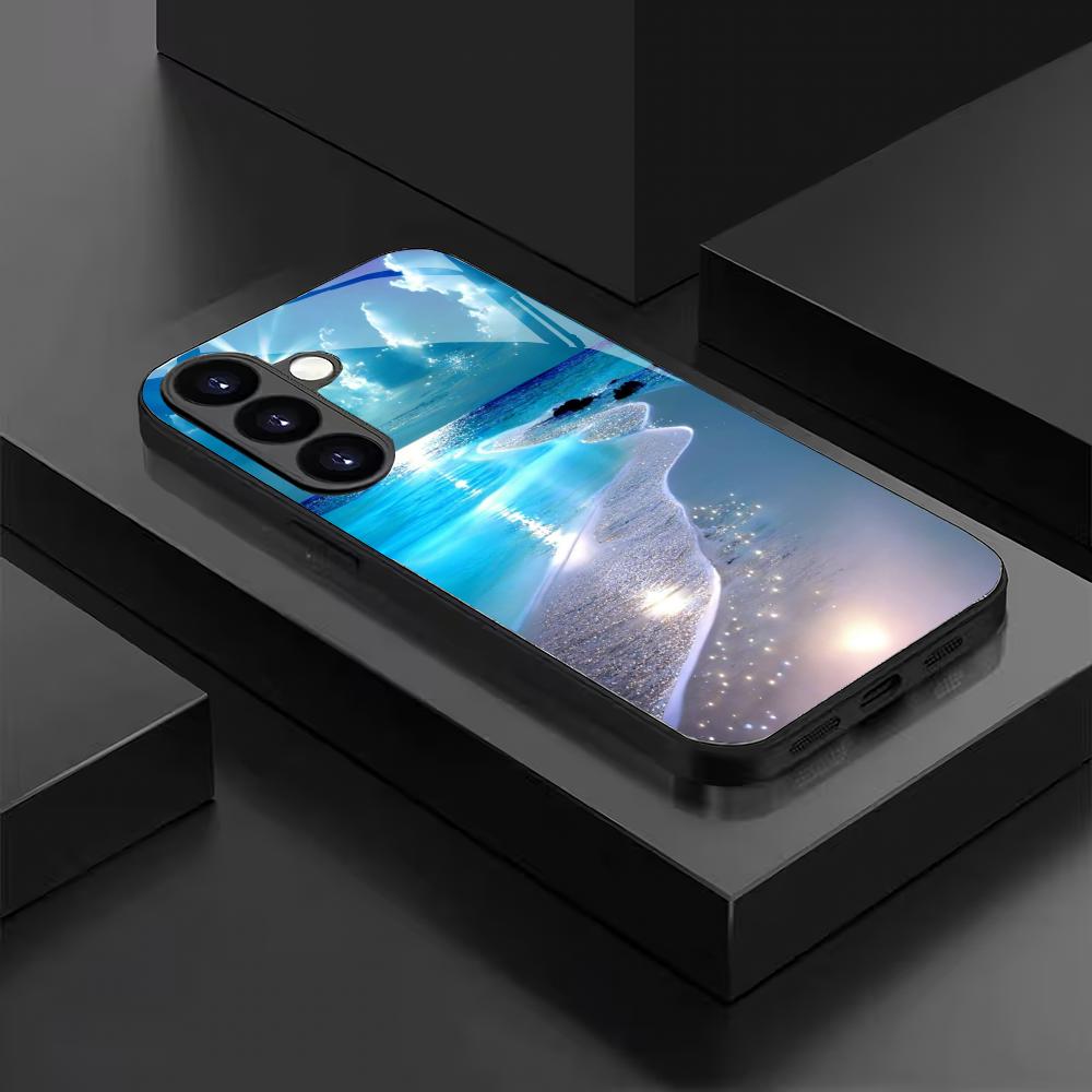 Fluorescenční plážový tvrzený skleněný kryt na telefon vhodný pro Samsung Galaxy S26 S25 S24 S23 S22 S20 FE/Ultra/Plus odolný proti poškrábání