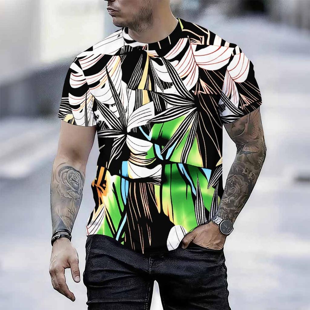 Women Short Sleeve Crew Neck T Shirt White Teal Banana Leaf Pink Orchid Tropical Print Top