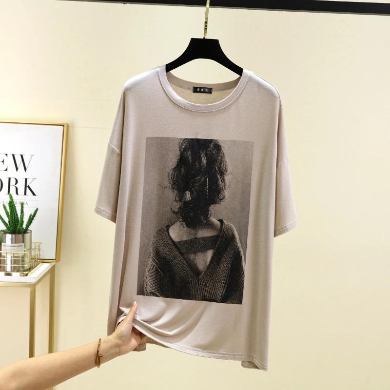 T-shirt Women Versatile Summer Casual Large Size Loose Round Neck Pullover Short-sleeved Tops