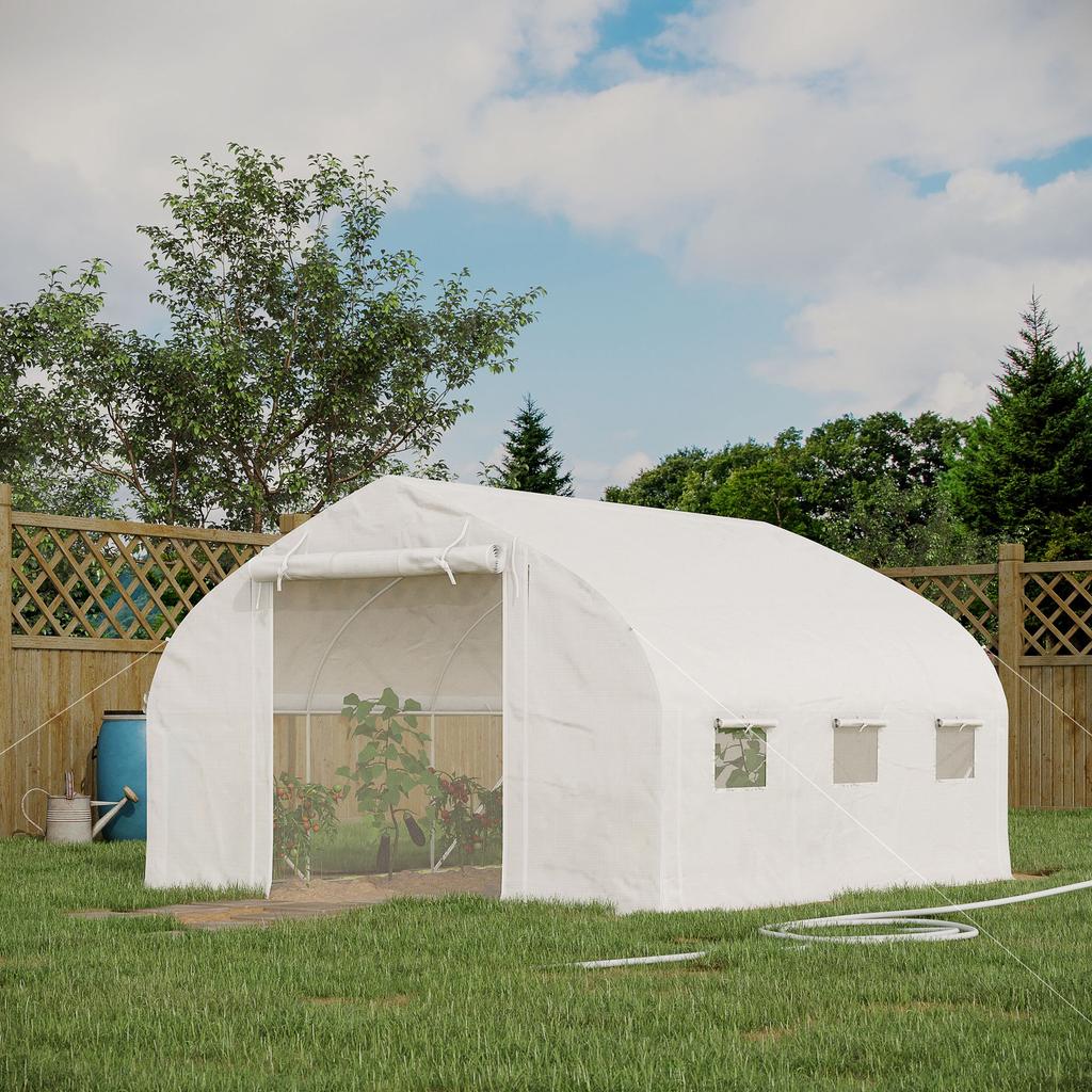Garden Tunnel Greenhouse 10.4 m² Anti-UV Garden Greenhouse Roll-Up Zipped Door Mesh Windows 350 x 300 x 200 cm White