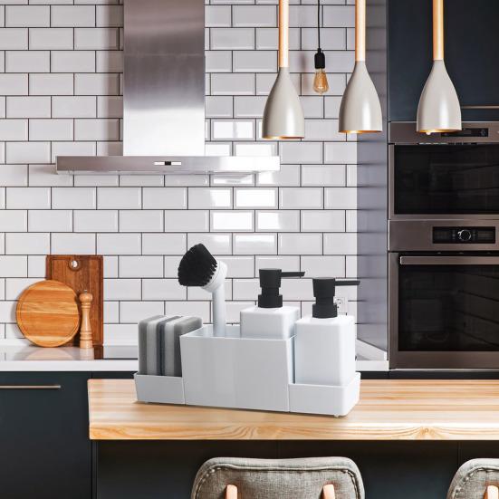 Multifunktionales Badezimmer-Organizer-Tablett mit 2 Seifenspendern, Reinigungsbürste, Küchenarbeitsplatte, Spülmittelflaschen-Schwammhalter-Ständer